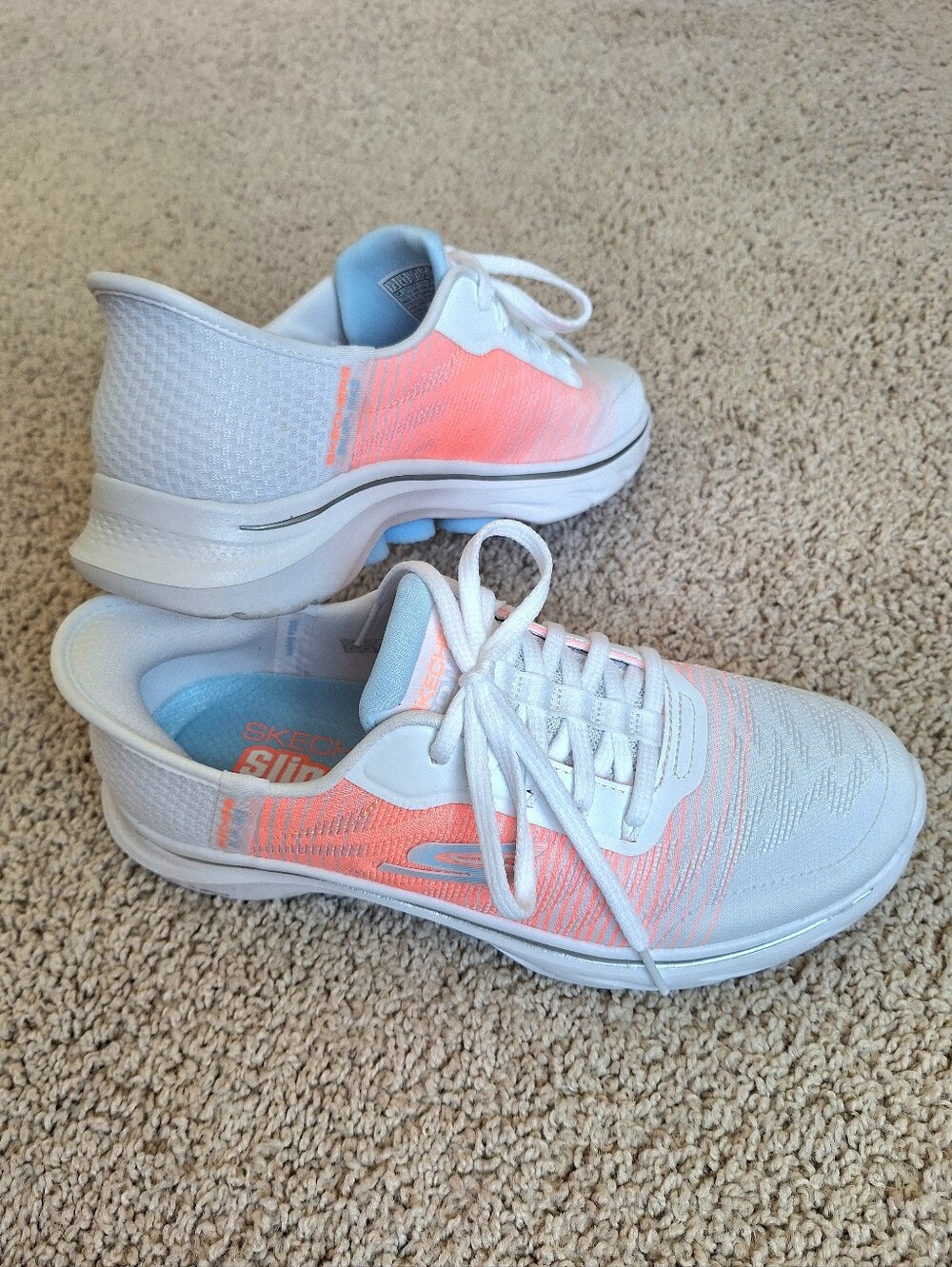 Skechers Go Walk 7 Adel Women's Cushioned Step In Sneakers White/Orange Size 7.5